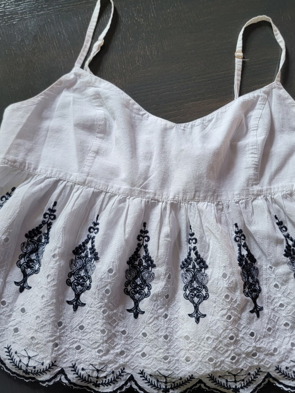Abercrombie & Fitch White Spaghetti-Strap Dress with Navy Embroidery